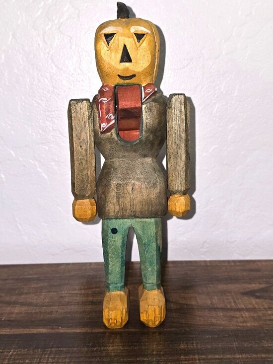 Handmade Other - Primitive Wooden Pumpkin Head Nutcracker 10" Halloween October Fall